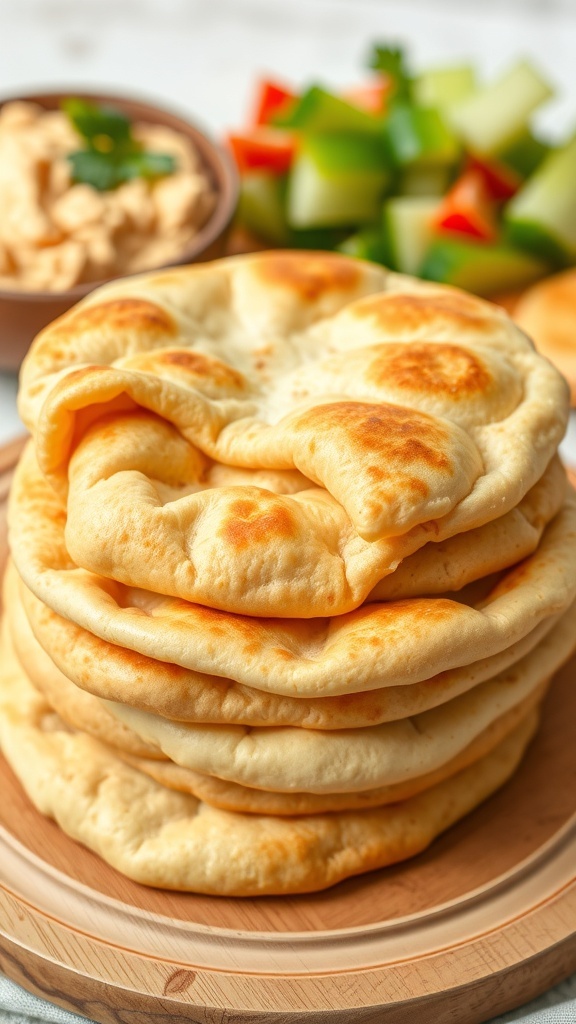 Homemade Pita Bread Recipe Freshly baked pita bread stacked on a wooden board, with a bowl of hummus and fresh vegetables in the background.